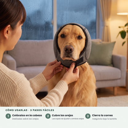 Mujer poniendo las orejeras a su perro en 3 pasos